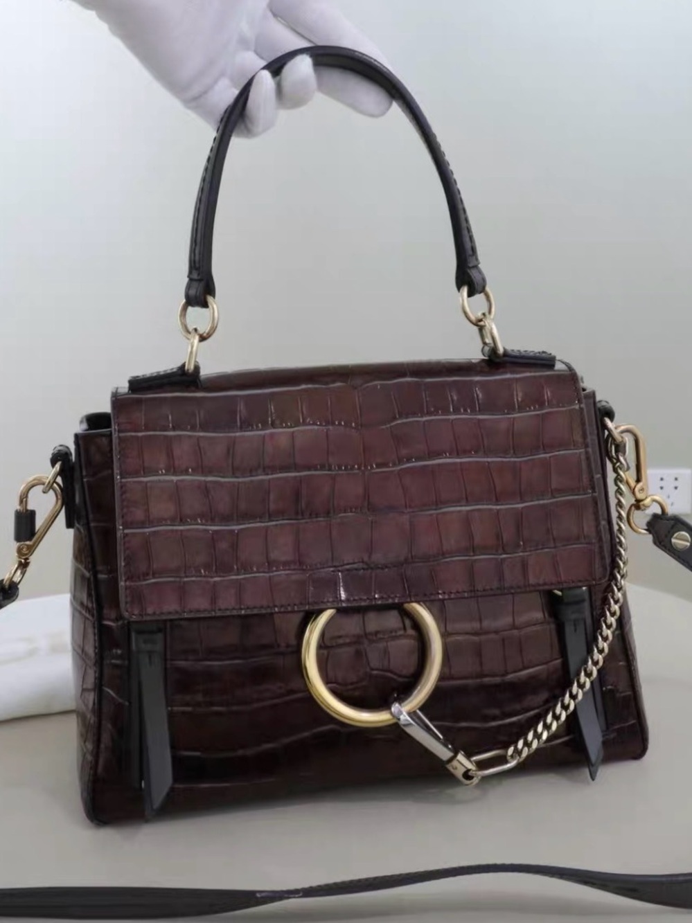 Chloe Dark Brown Croc-Embossed Top Handle Satchel with Gold Hardware